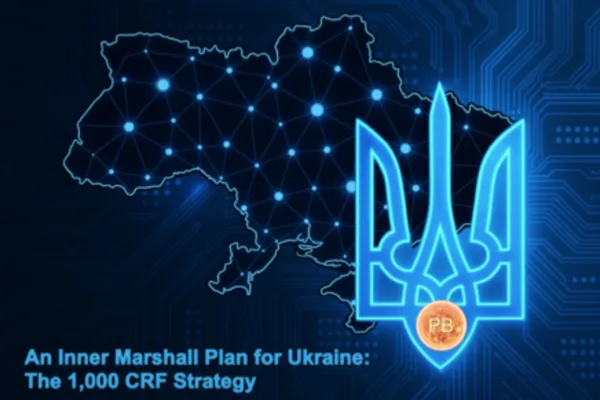A graphics image showing the map of Ukraine with lots of dots to represent communities