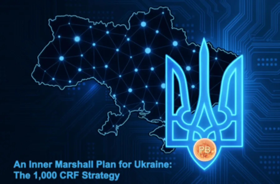 A graphics image showing the map of Ukraine with lots of dots to represent communities