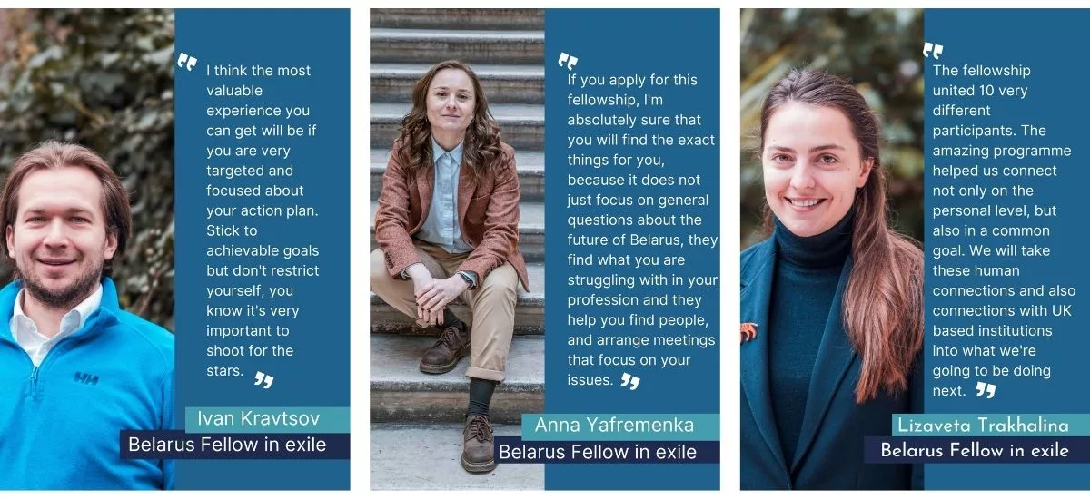 Portraits of one man and two women next to written testimonials